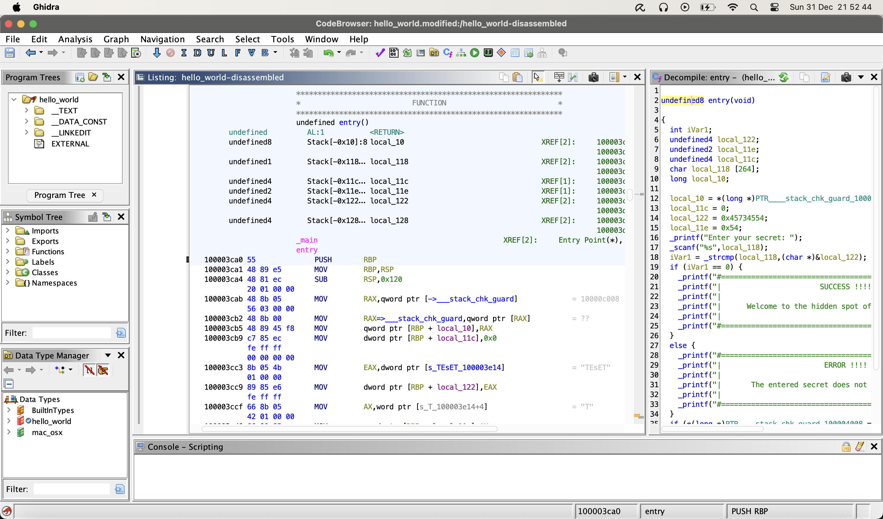 Overview of Ghidra - hello_world entry point