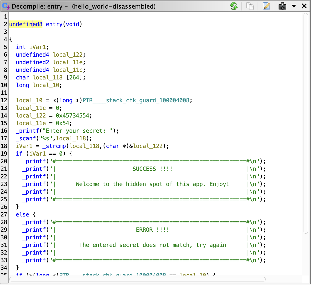 Pseudo code of Ghidra - hello_world entry point