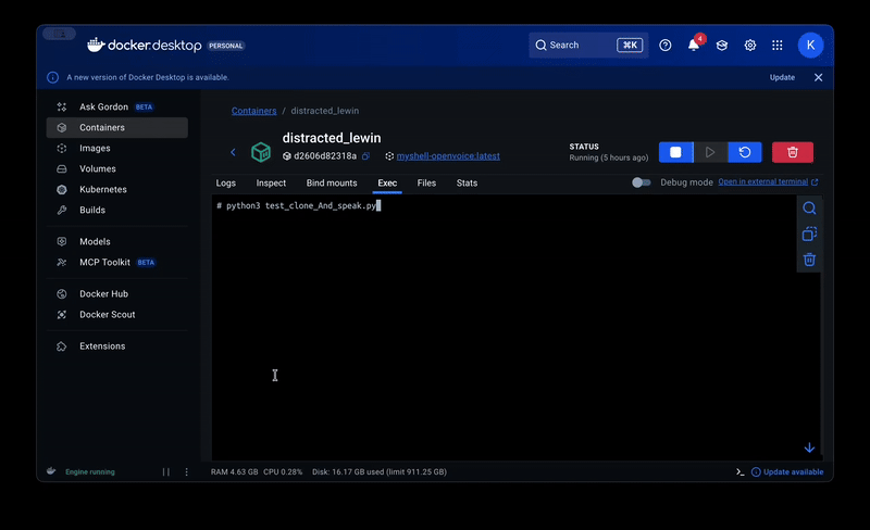 OpenVoice - Docker main view (Terminal)